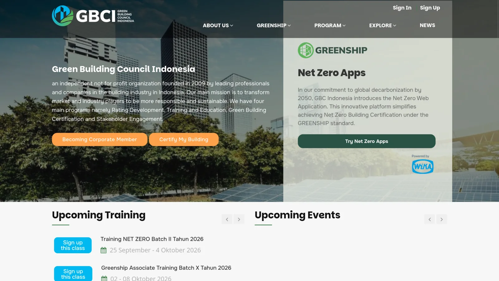 GBCI portal, screen 1 of 4: home page with the Net Zero Apps entry point.