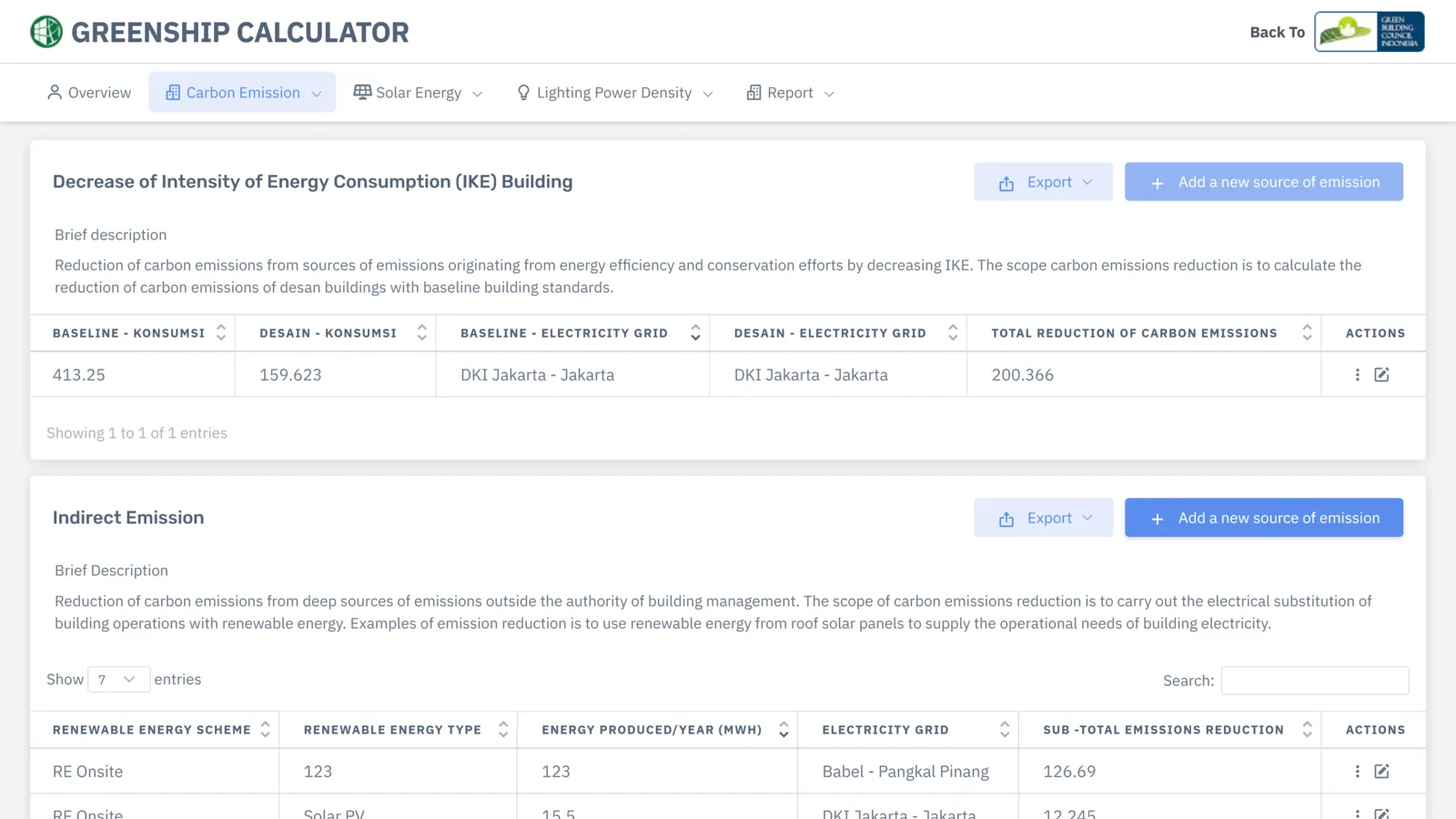 Greenship Calculator, screen 1 of 4: energy consumption reduction and indirect emission tables.