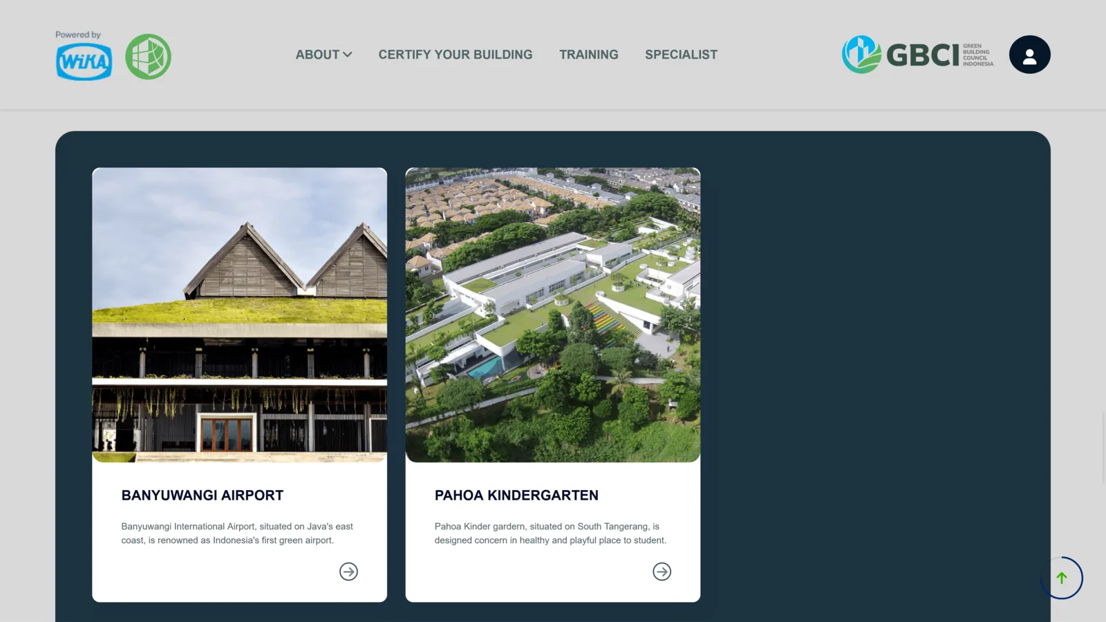 Net Zero platform, screen 3 of 5: certified project cards, Banyuwangi Airport and Pahoa Kindergarten.
