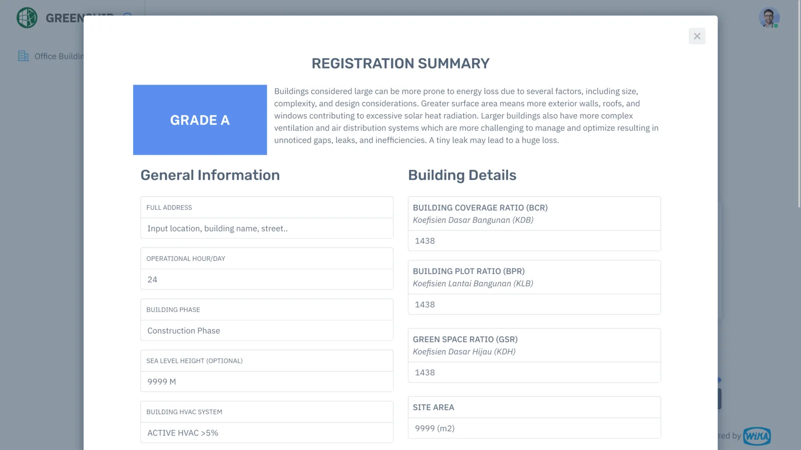 Net Zero platform, screen 4 of 5: registration summary with the building's calculated grade.