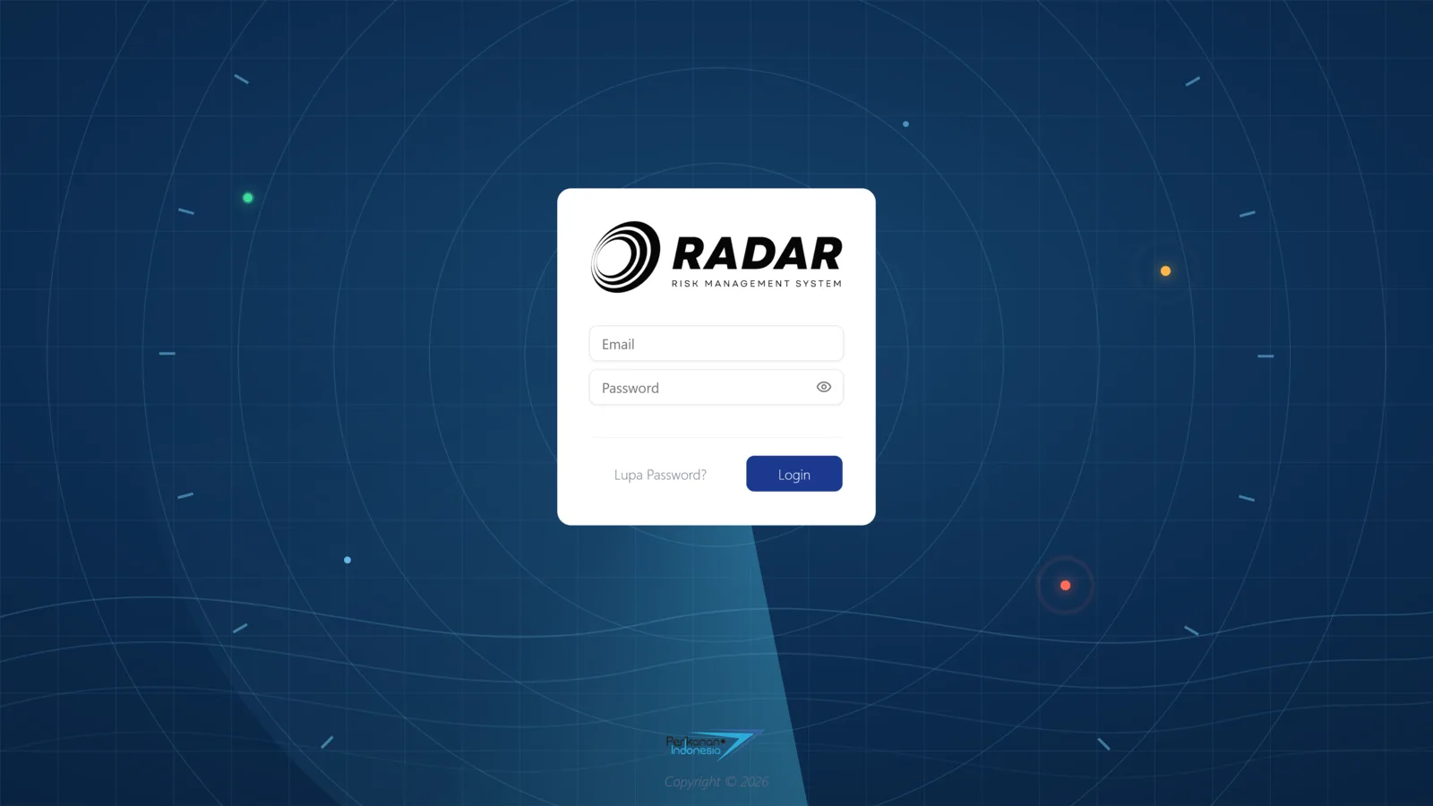 RADAR risk management system sign-in screen.